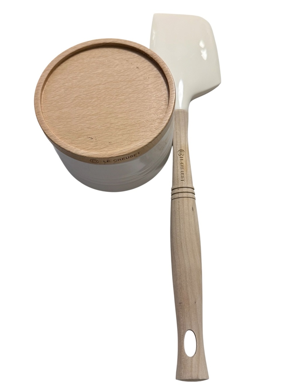 Le Creuset White Ceramic Jar with Natural Wood Lid and White Silicone Spatula
